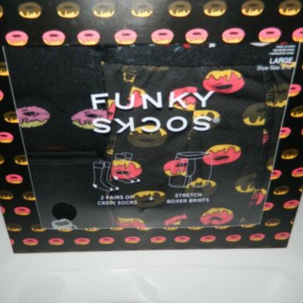 FUNKY SOCKS men's DONUT PRINT 2 Pairs CREW SOCKS + Stretch Boxer Briefs  NWT